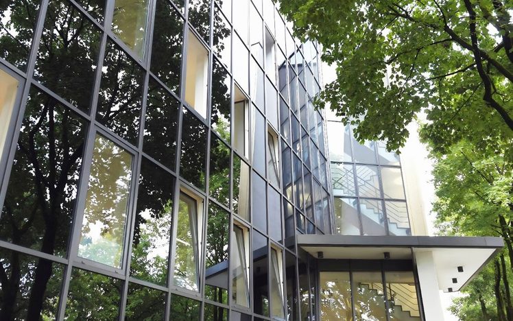 Glasfassade mit Baumspiegelung am Eingang eines Bürogebäudes