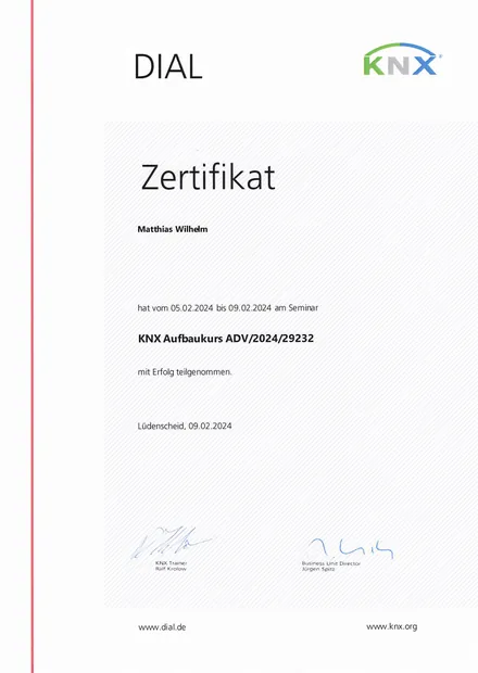 Zertifikat KNX Aufbaukurs von Matthias Wilhelm
