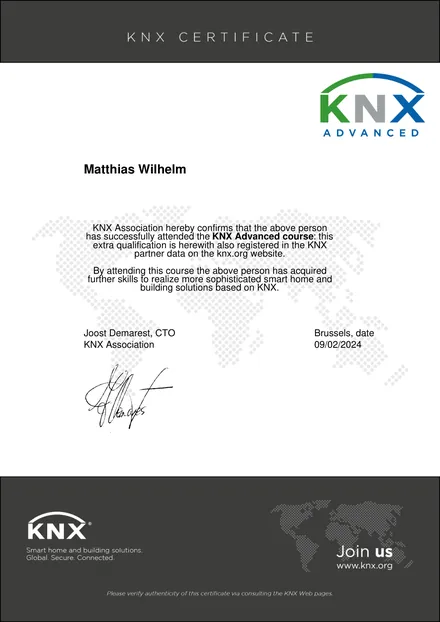 Zertifikat KNX Advanced von Matthias Wilhelm