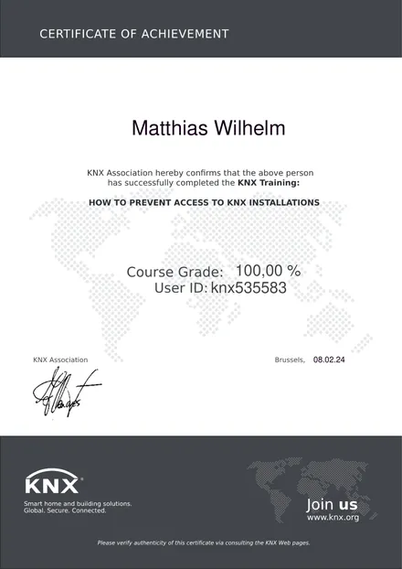 Zertifikat KNX Secure von Matthias Wilhelm