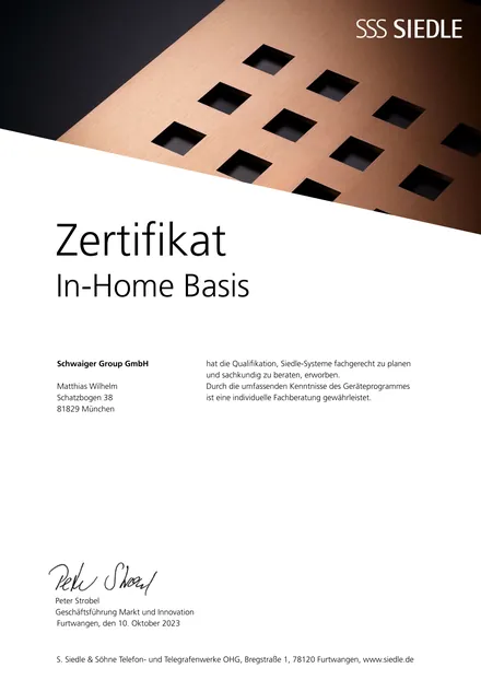 Zertifikat Siedle In-Home Basis von Matthias Wilhelm